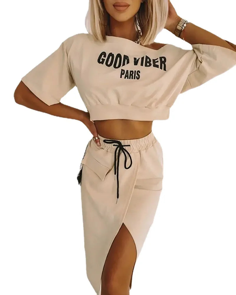 Women's Two-Piece Set - Cropped Sweatshirt & Midi Skirt - Side Slit - Drawstring Waist