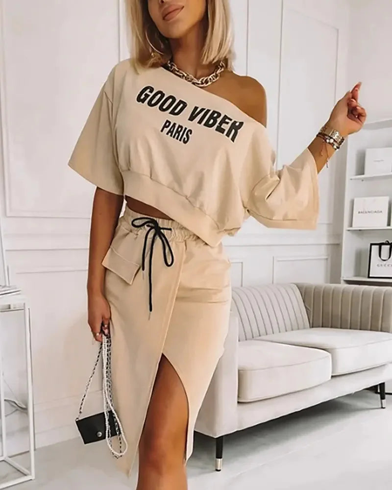 Women's Two-Piece Set - Cropped Sweatshirt & Midi Skirt - Side Slit - Drawstring Waist
