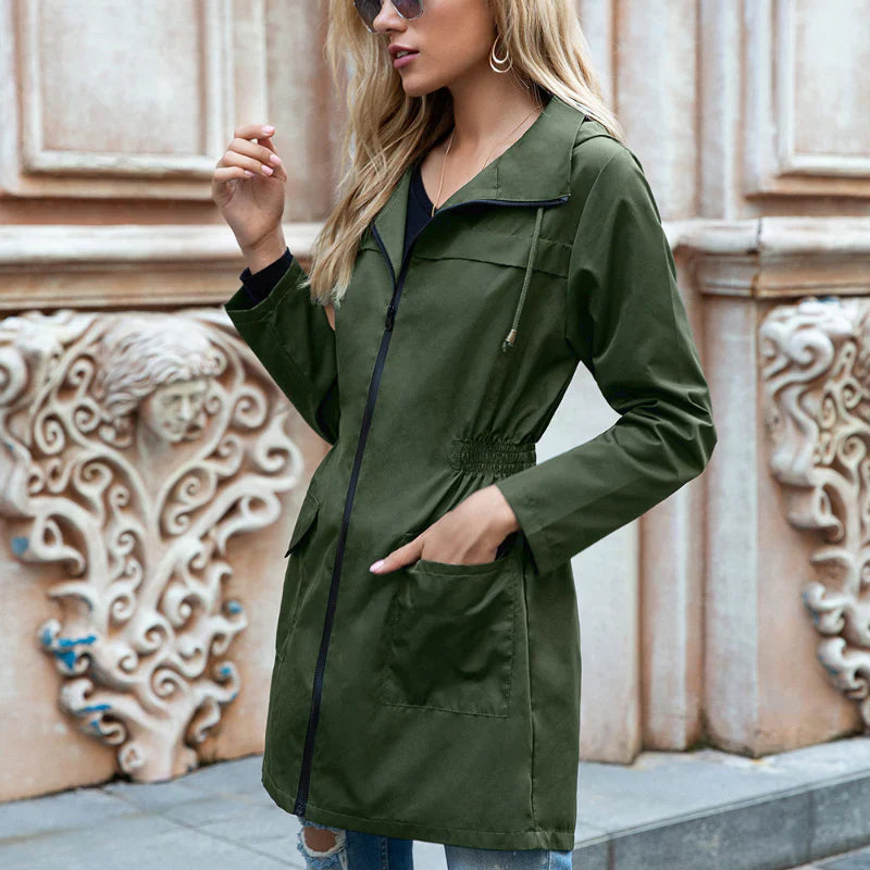 Women’s Long Raincoat – Relaxed Fit – Adjustable Hood and Waist