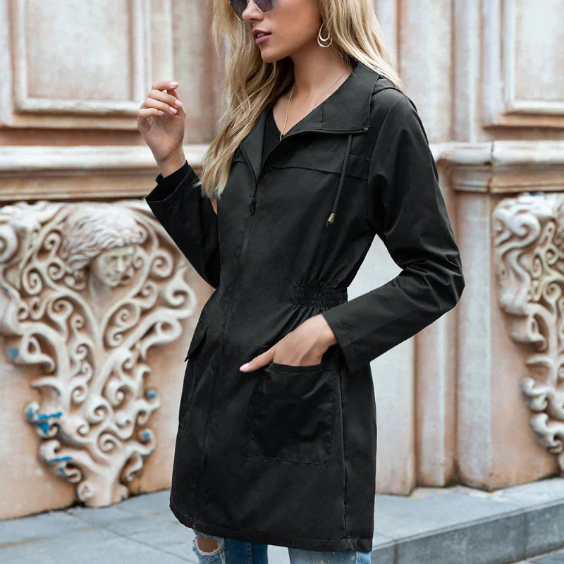 Women’s Long Raincoat – Relaxed Fit – Adjustable Hood and Waist