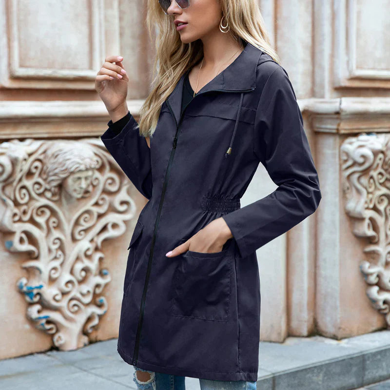 Women’s Long Raincoat – Relaxed Fit – Adjustable Hood and Waist