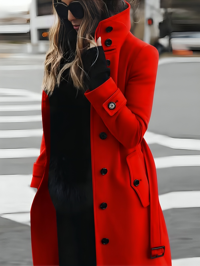 Women’s Long Coat – Slim Fit – Double Breasted – High Collar – Belted Waist