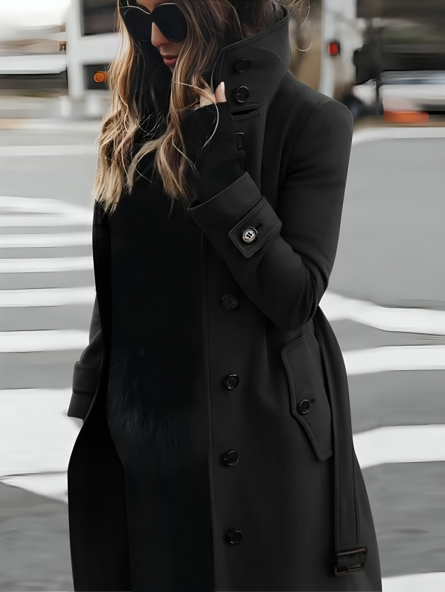 Women’s Long Coat – Slim Fit – Double Breasted – High Collar – Belted Waist