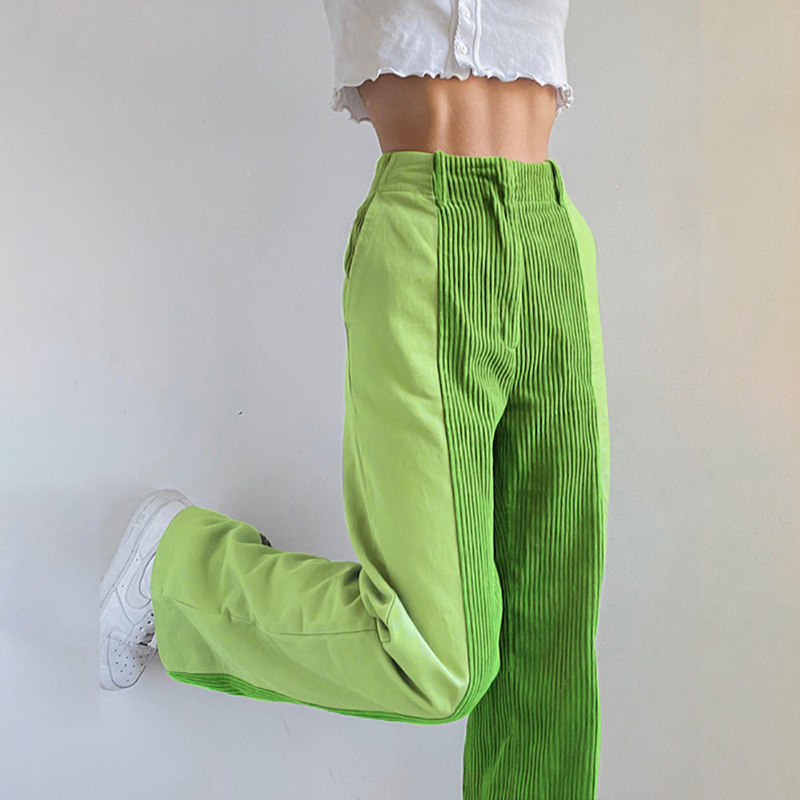 Women's Trousers - High Waist - Flared Wide Leg - Ribbed Side Detailing - Casual Fit