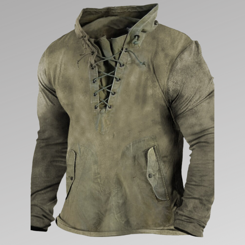 Men’s Long-Sleeve Shirt – Relaxed Fit – Rugged Cotton – Lace-Up Neck – Button Pockets