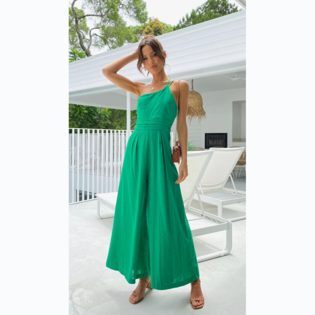 Women’s Jumpsuit – Tailored Fit – Asymmetric Neckline – Wide Leg – Breathable Blend