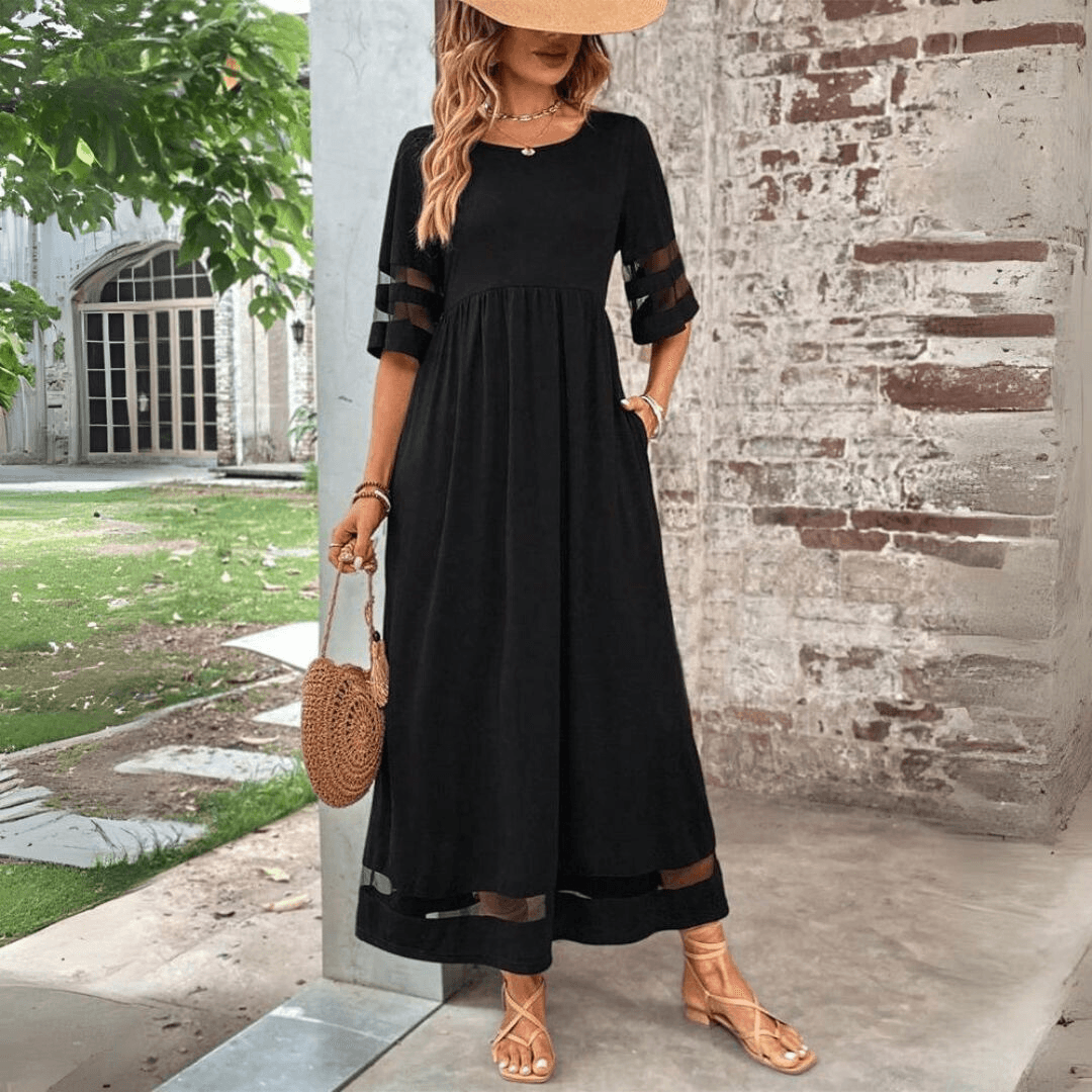 Women’s Maxi Dress – Flowing Fit – Empire Waist – Lace Sleeve Detail – Ankle Length