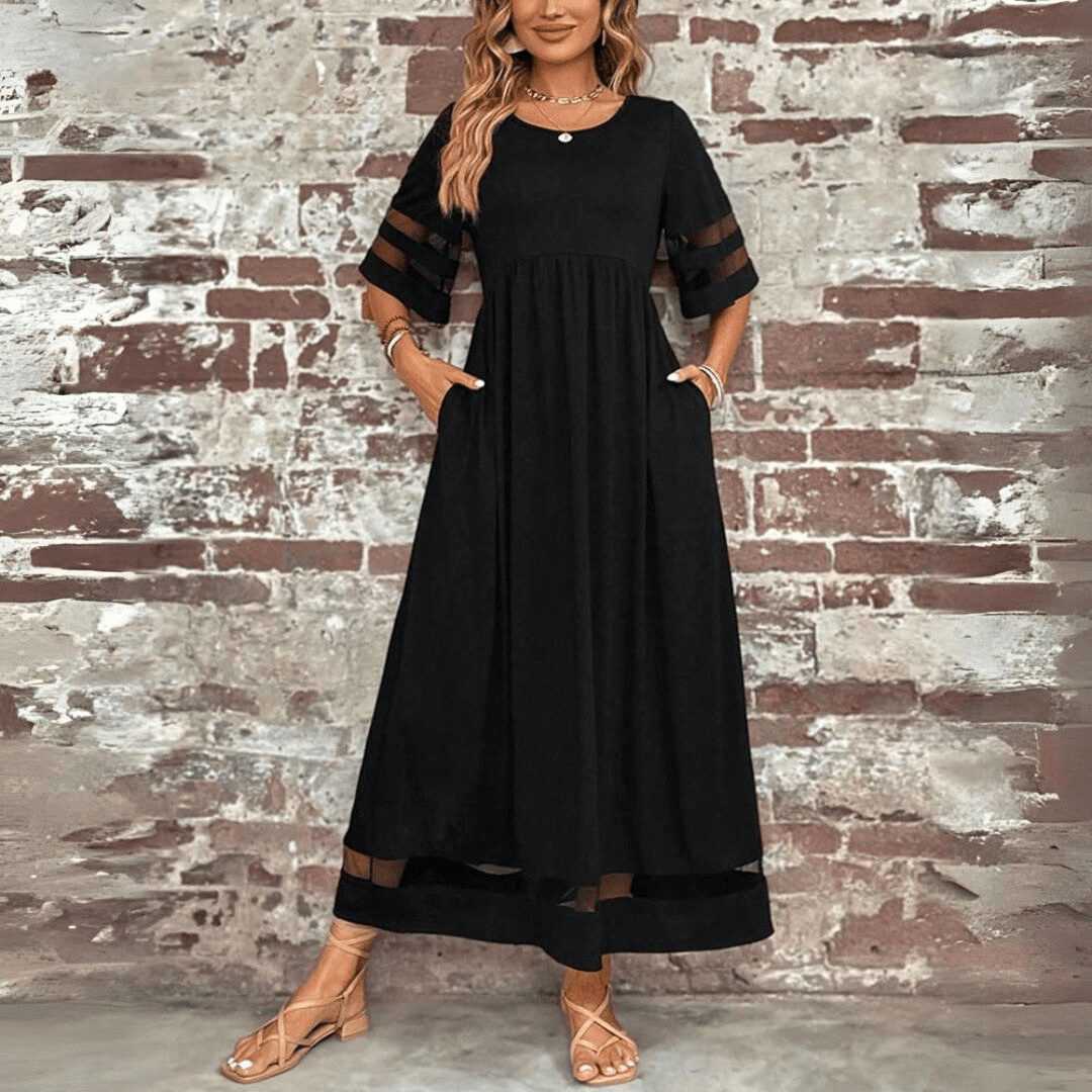 Women’s Maxi Dress – Flowing Fit – Empire Waist – Lace Sleeve Detail – Ankle Length