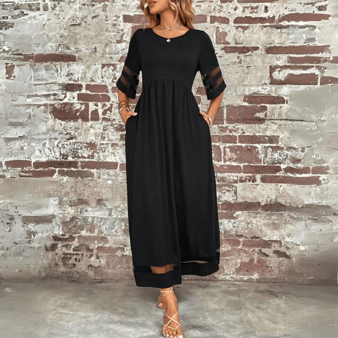 Women’s Maxi Dress – Flowing Fit – Empire Waist – Lace Sleeve Detail – Ankle Length
