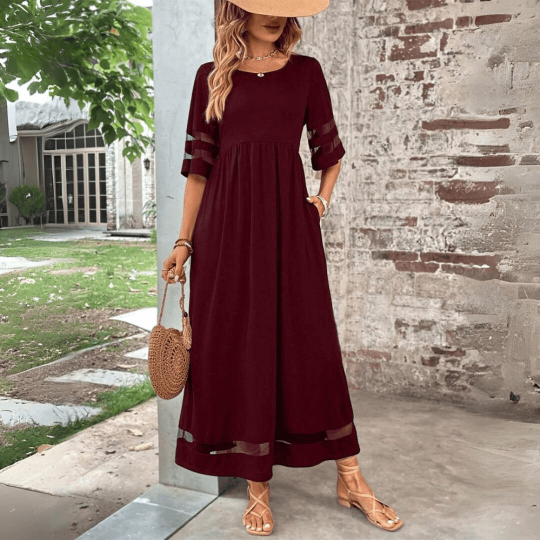 Women’s Maxi Dress – Flowing Fit – Empire Waist – Lace Sleeve Detail – Ankle Length