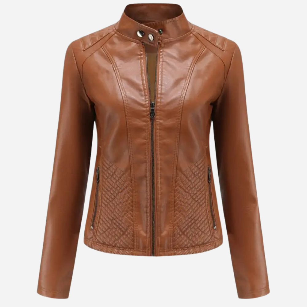 Women’s Leather Jacket – Slim Fit – Quilted Panels – Stand Collar – Zipper Front