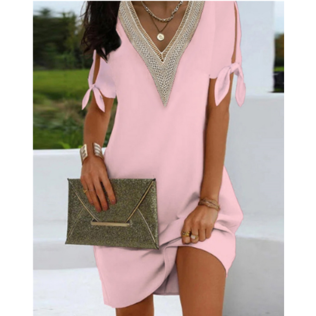 Women’s Tunic Dress – Relaxed Fit – V-Neck Detail – Split Sleeve Bow Ties – Breathable Blend