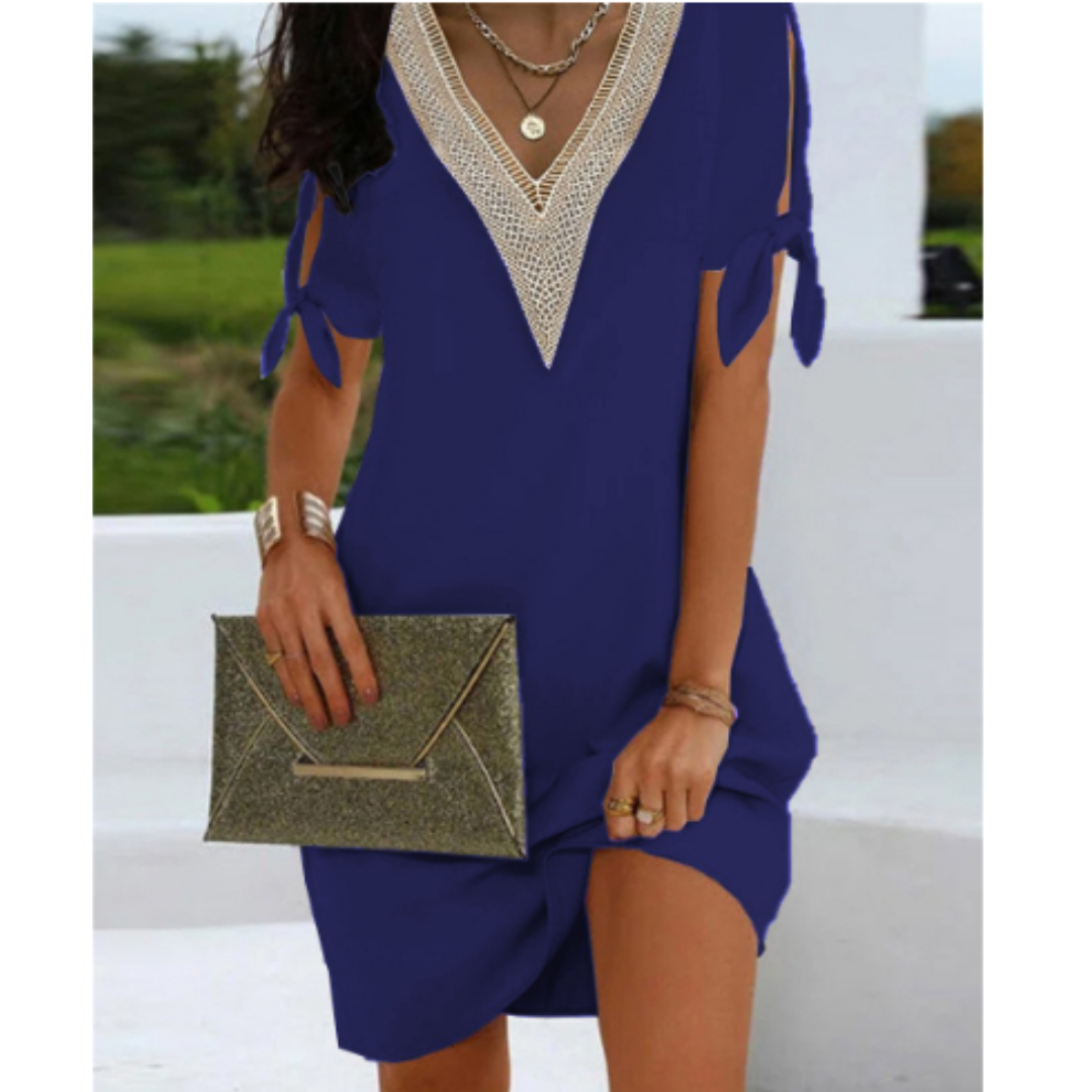 Women’s Tunic Dress – Relaxed Fit – V-Neck Detail – Split Sleeve Bow Ties – Breathable Blend