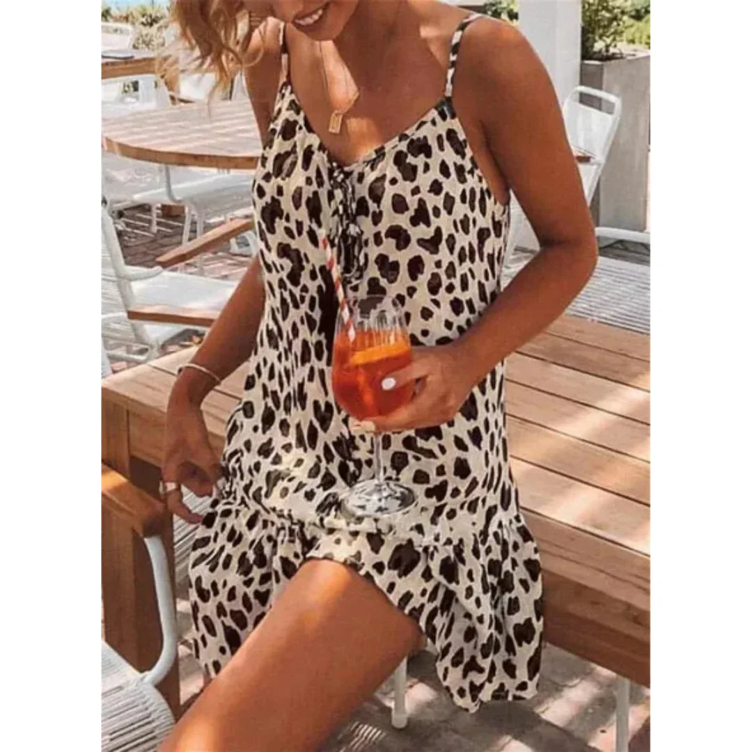 Women’s Mini Dress – Relaxed Fit – V-Neck – Spaghetti Straps – Flared Hem – Breathable Blend
