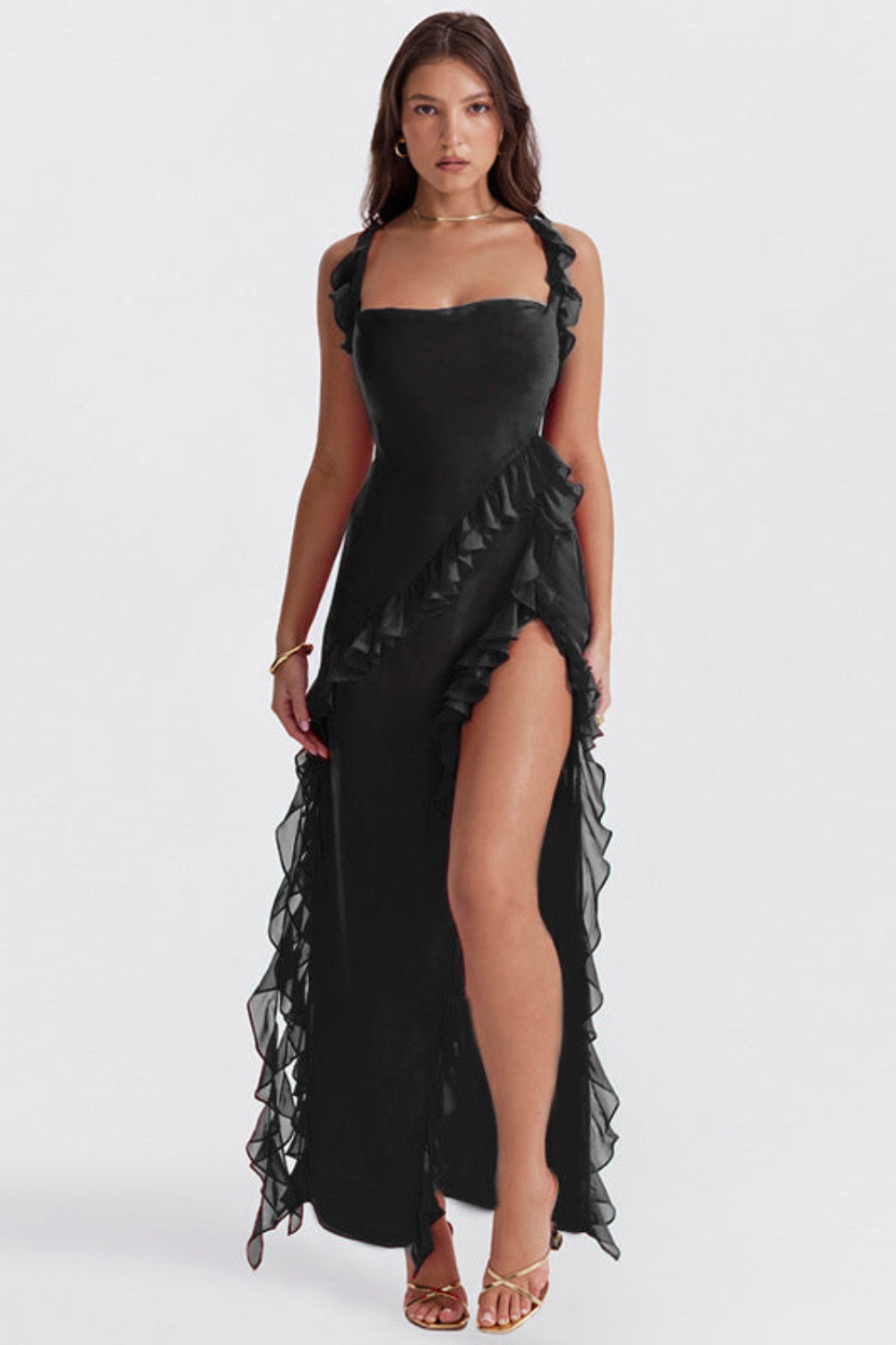 Women’s Melantha Dress – Adjustable Straps – Ruffle Detail – High Slit – Elegant Fit