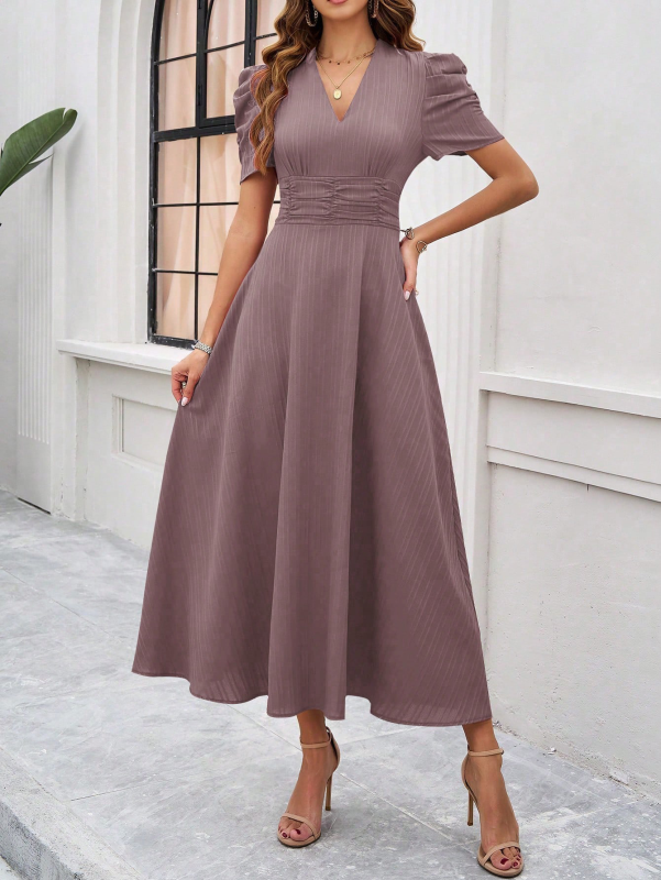 Women’s Midi Dress – V-Neck – Puff Sleeve – Fitted Waist – Lightweight A-Line
