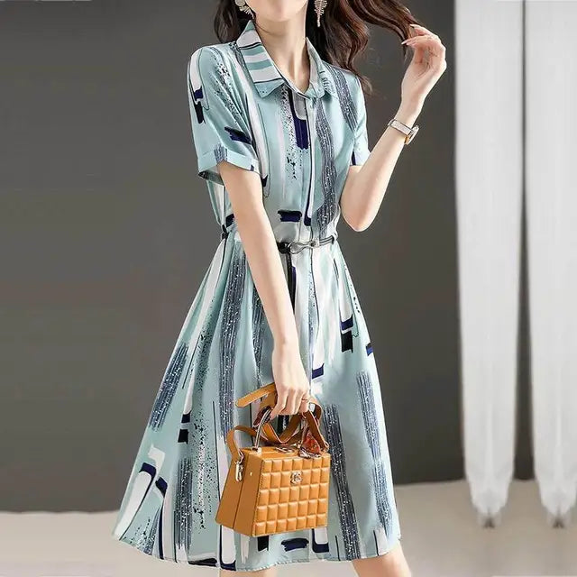 Women's Shirt Dress - Short Sleeve Button-Down - Belted Waist - Stylish Print