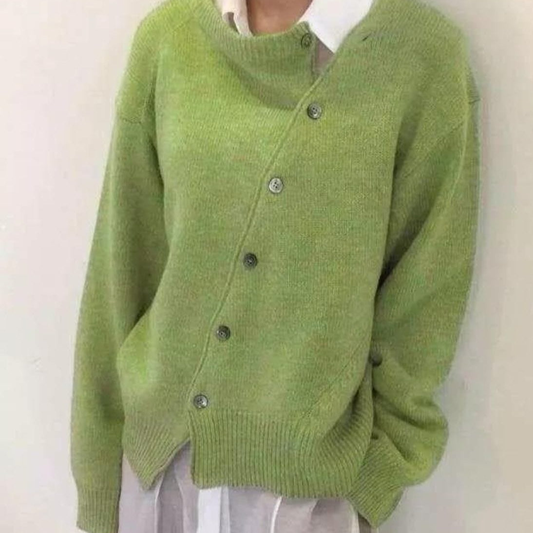 Women’s Knit Jacket – Wool Blend – Relaxed Fit – Asymmetrical Button Front