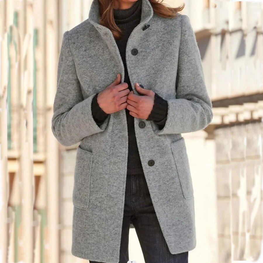 Women’s Wool Coat – Tailored Fit – High Collar – Button Front – Mid-Thigh Length