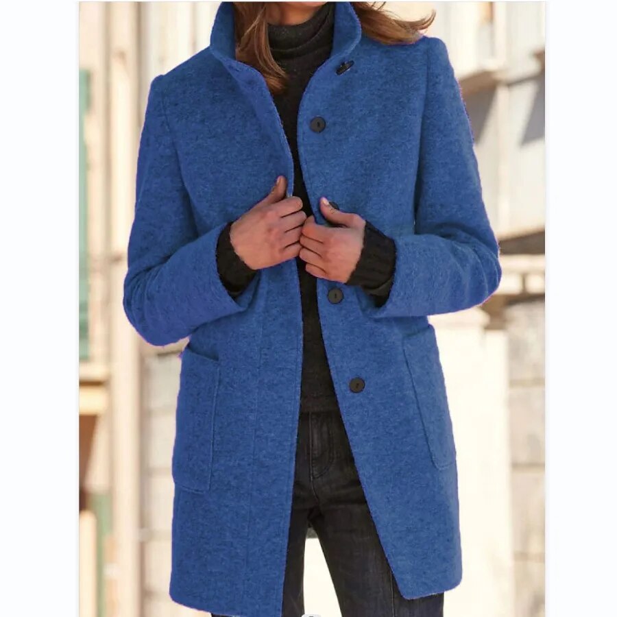 Women’s Wool Coat – Tailored Fit – High Collar – Button Front – Mid-Thigh Length