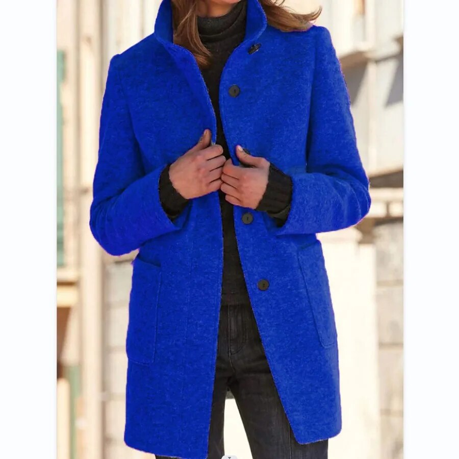 Women’s Wool Coat – Tailored Fit – High Collar – Button Front – Mid-Thigh Length