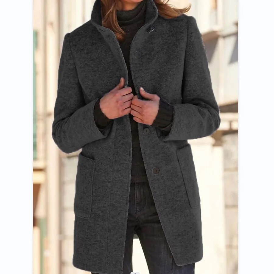 Women’s Wool Coat – Tailored Fit – High Collar – Button Front – Mid-Thigh Length