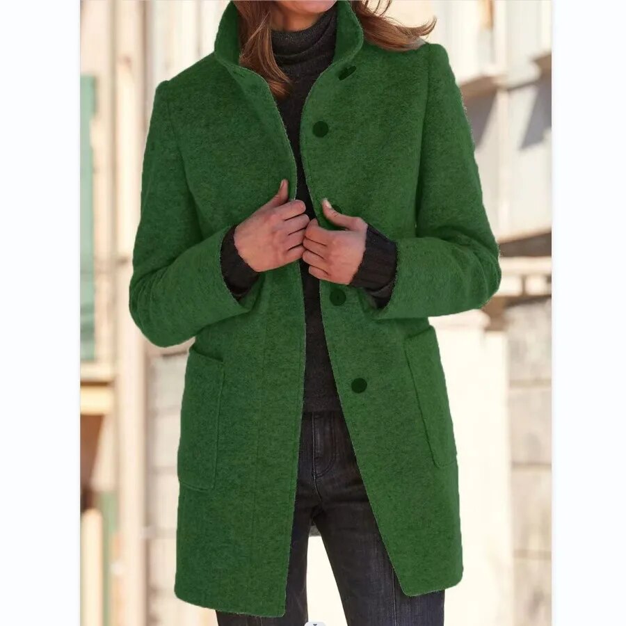 Women’s Wool Coat – Tailored Fit – High Collar – Button Front – Mid-Thigh Length