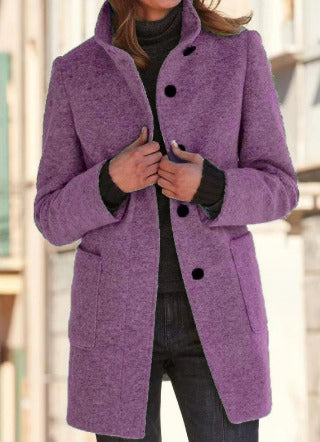 Women’s Wool Coat – Tailored Fit – High Collar – Button Front – Mid-Thigh Length