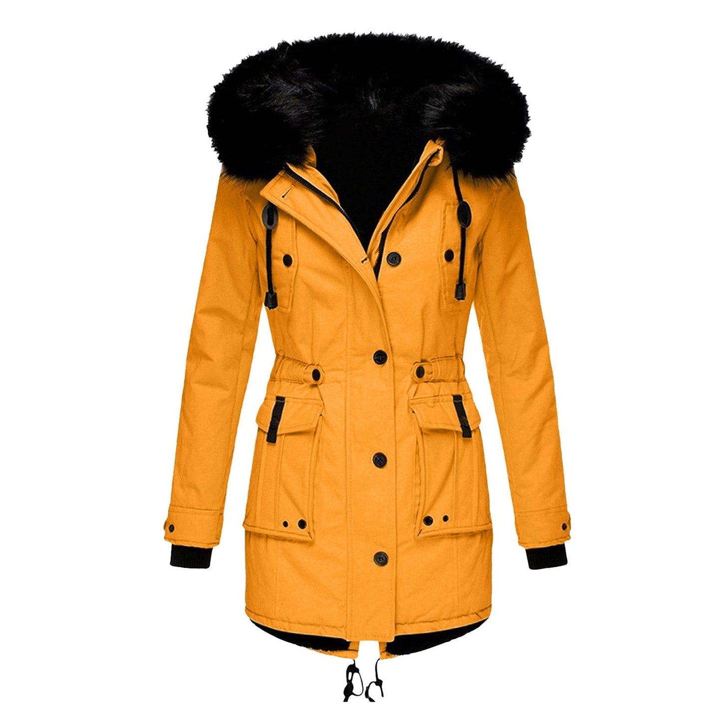 Women’s Coat – Tailored Fit – Faux Fur Hood – Drawstring Waist – Mid-Length Woven Outerwear