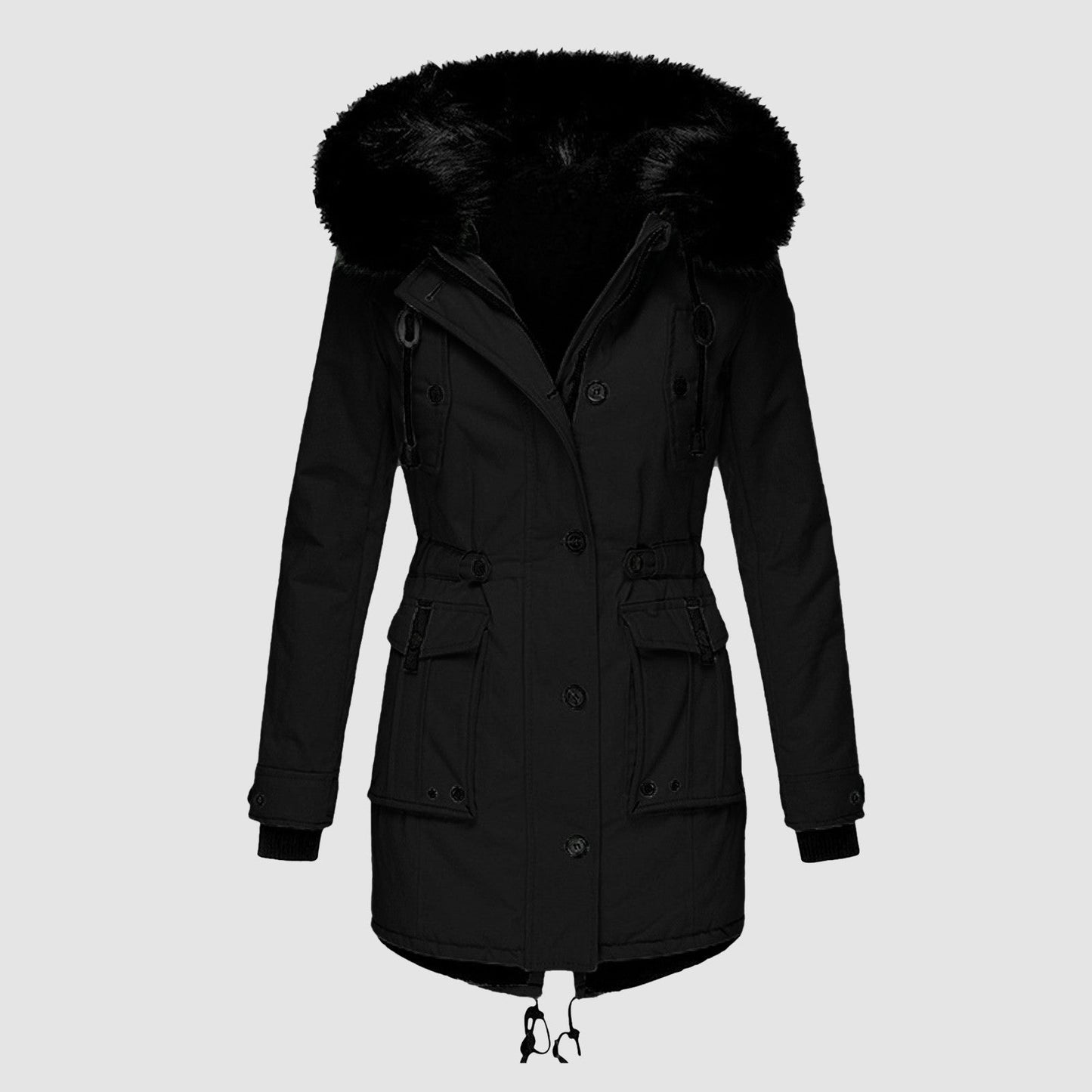 Women’s Coat – Tailored Fit – Faux Fur Hood – Drawstring Waist – Mid-Length Woven Outerwear