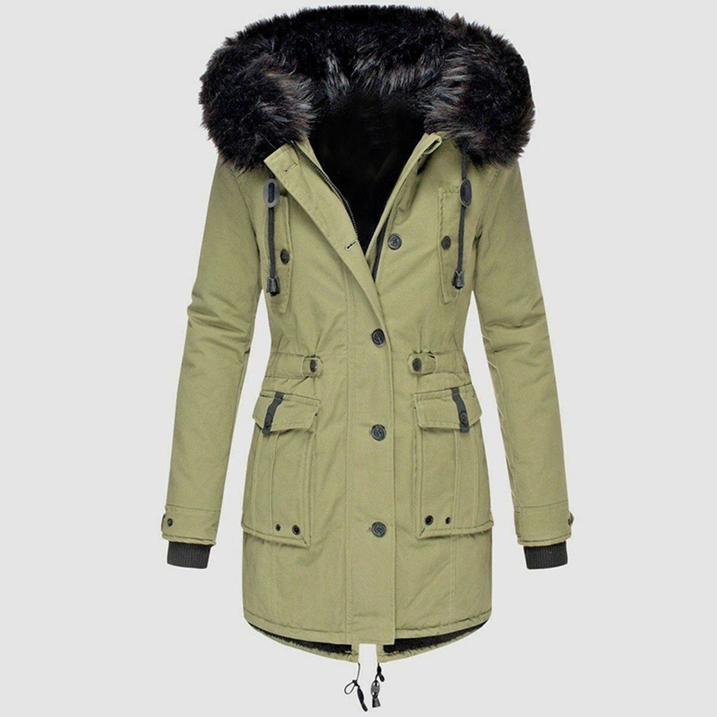 Women’s Coat – Tailored Fit – Faux Fur Hood – Drawstring Waist – Mid-Length Woven Outerwear
