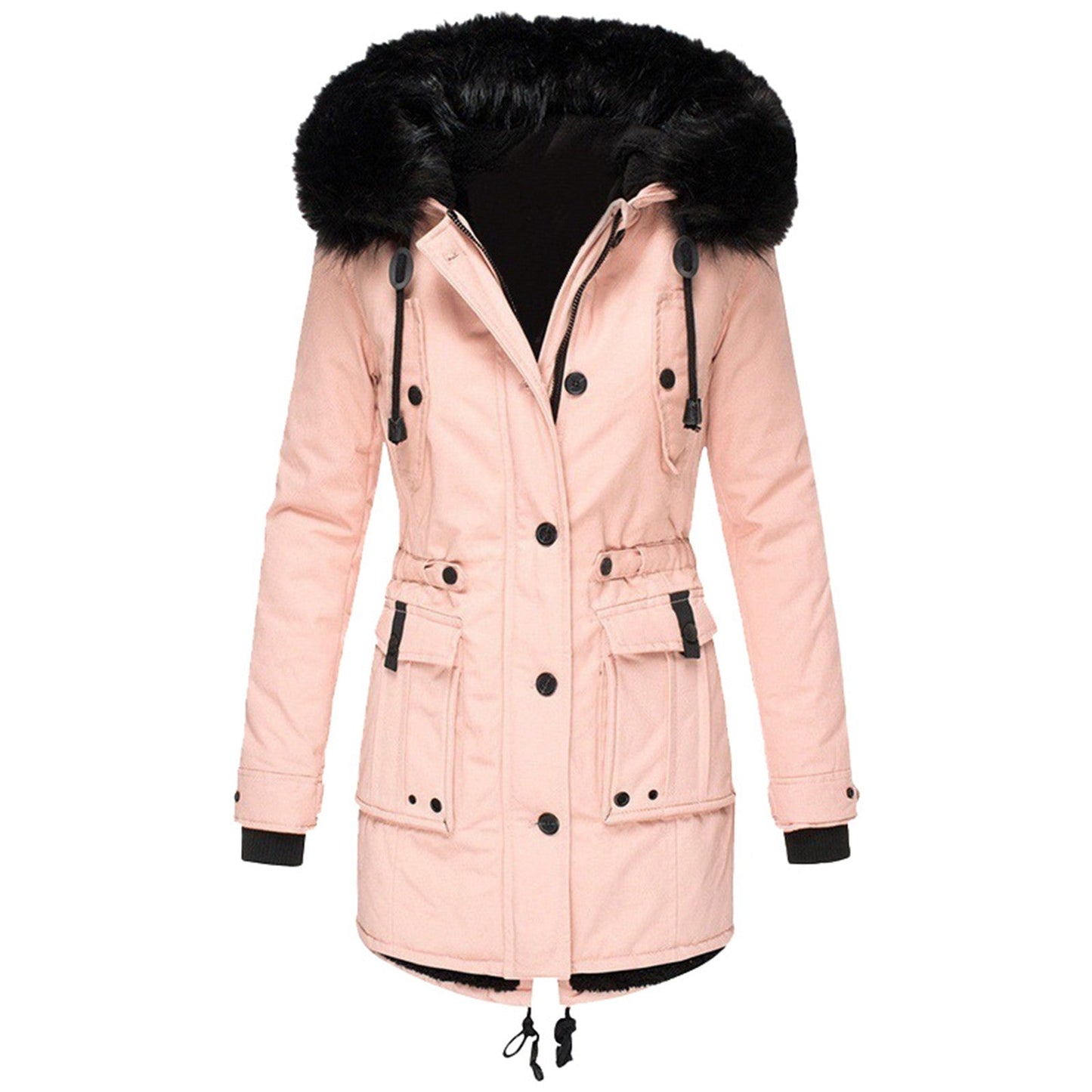 Women’s Coat – Tailored Fit – Faux Fur Hood – Drawstring Waist – Mid-Length Woven Outerwear