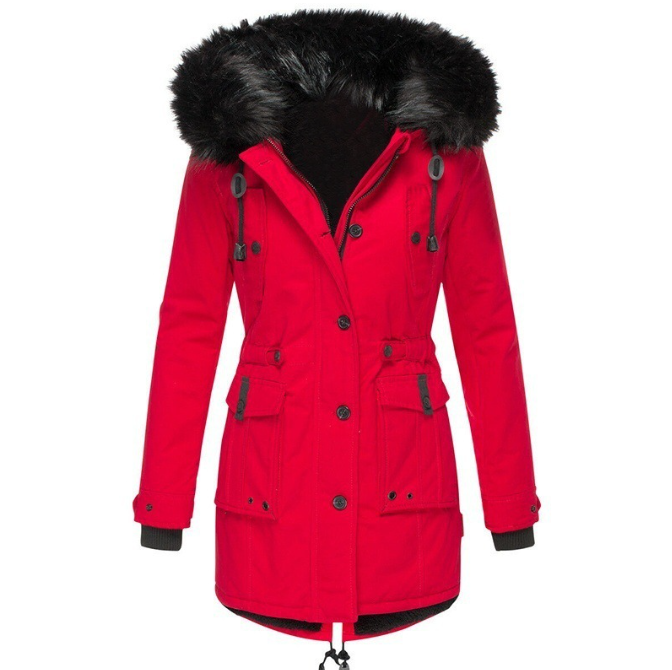 Women’s Coat – Tailored Fit – Faux Fur Hood – Drawstring Waist – Mid-Length Woven Outerwear