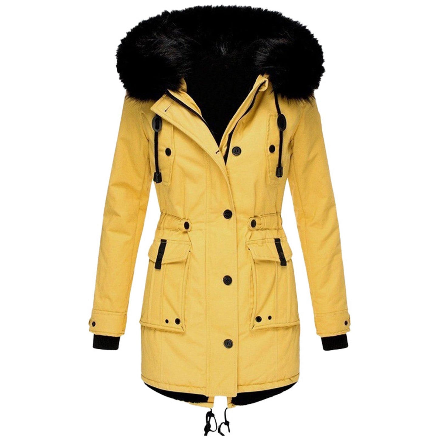 Women’s Coat – Tailored Fit – Faux Fur Hood – Drawstring Waist – Mid-Length Woven Outerwear