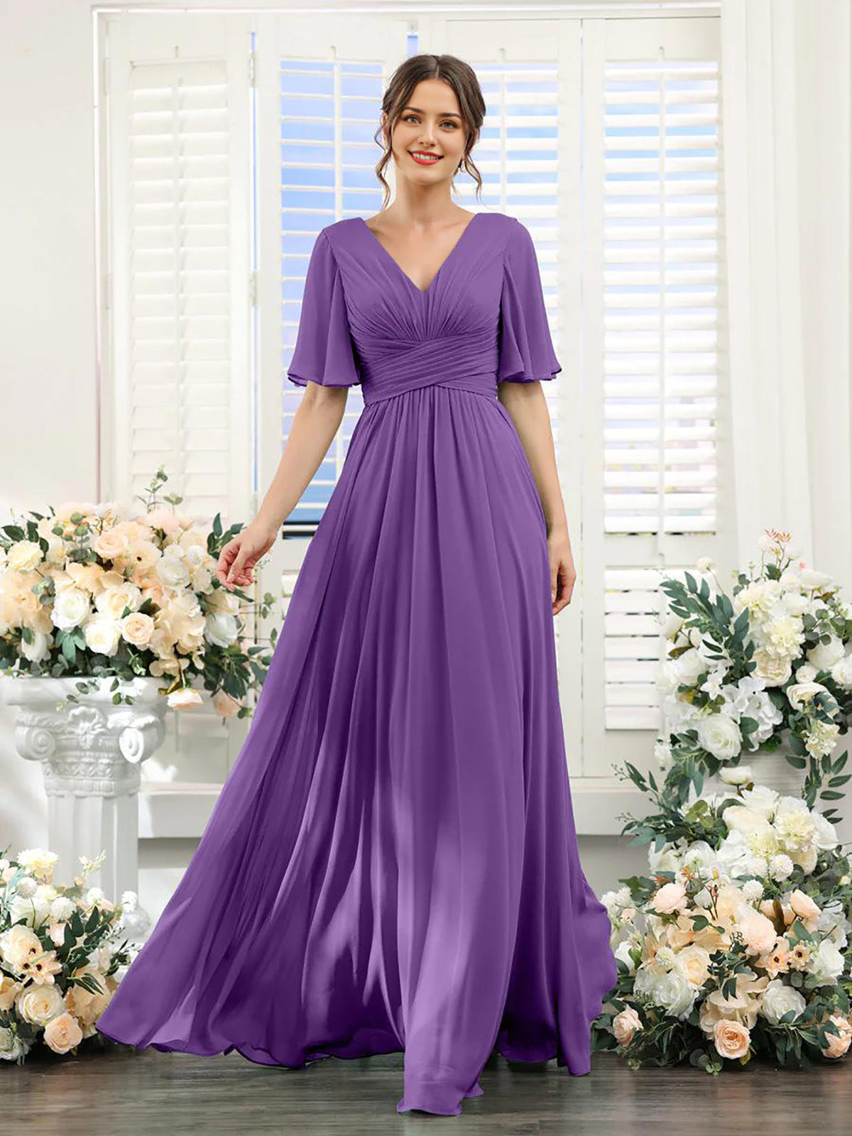 Women’s Formal Dress – Chiffon – V-Neck – A-Line Fit – Ruched Waist – Full Length