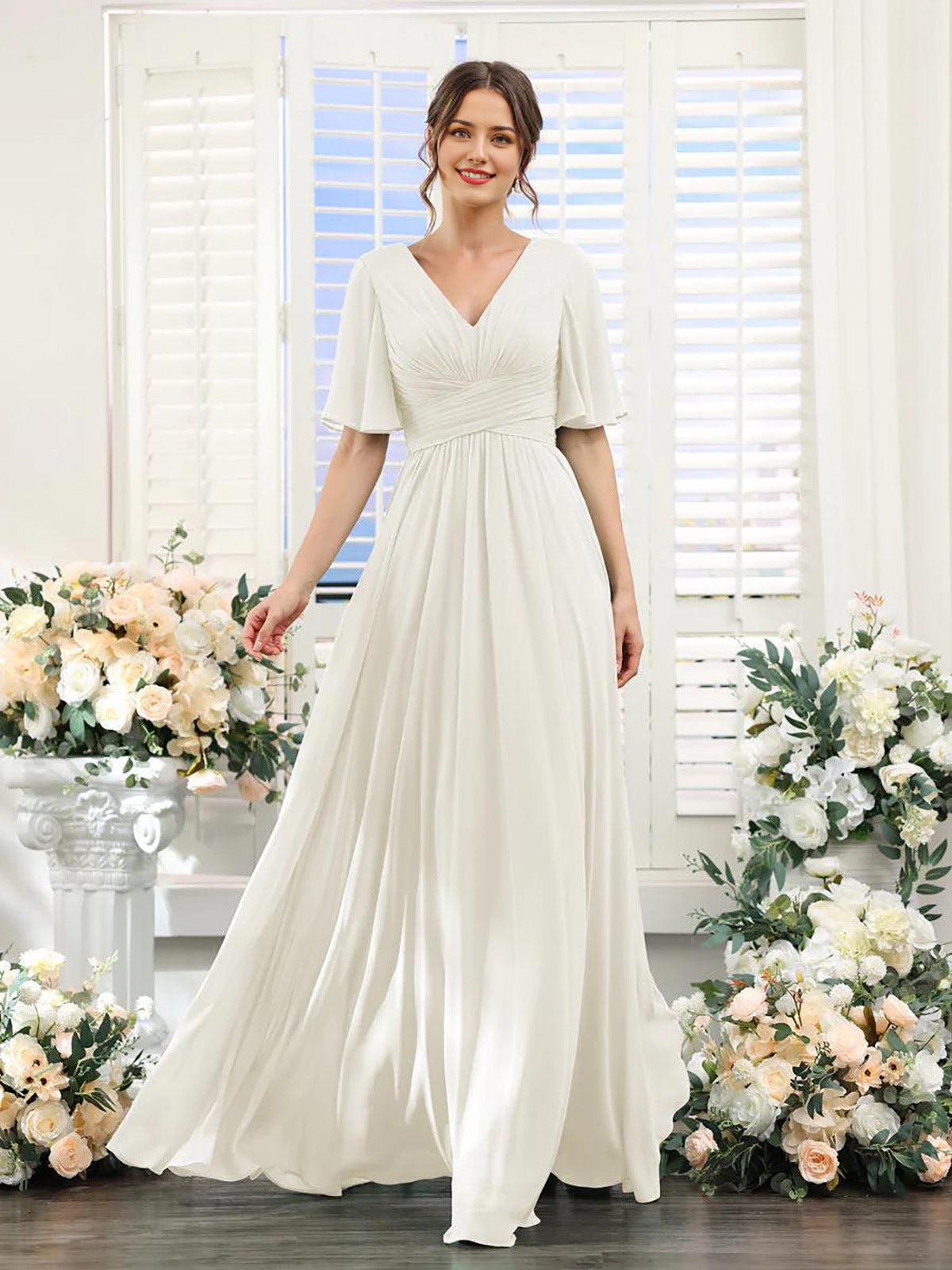 Women’s Formal Dress – Chiffon – V-Neck – A-Line Fit – Ruched Waist – Full Length
