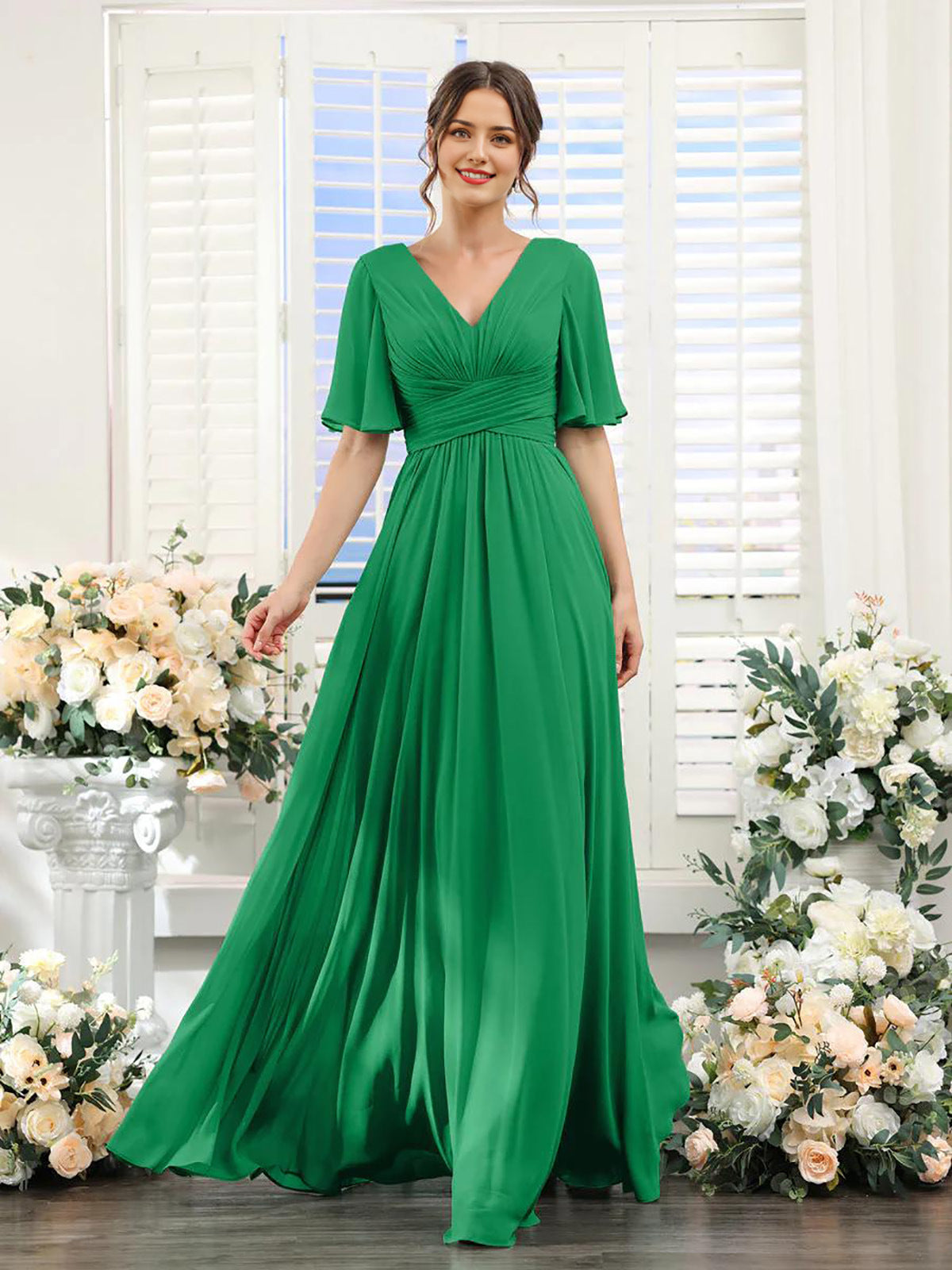 Women’s Formal Dress – Chiffon – V-Neck – A-Line Fit – Ruched Waist – Full Length