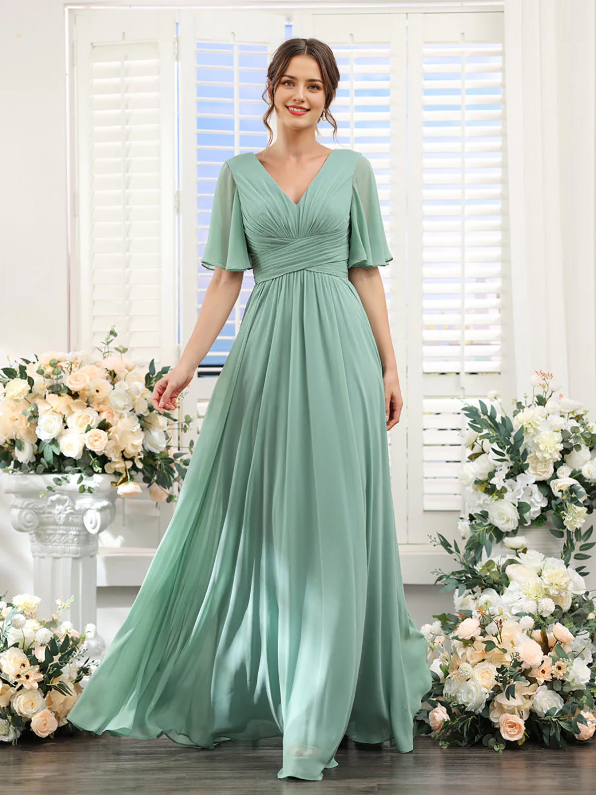Women’s Formal Dress – Chiffon – V-Neck – A-Line Fit – Ruched Waist – Full Length