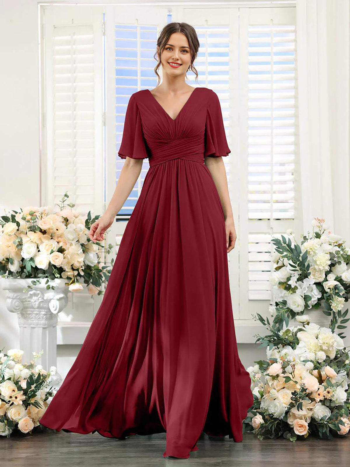 Women’s Formal Dress – Chiffon – V-Neck – A-Line Fit – Ruched Waist – Full Length