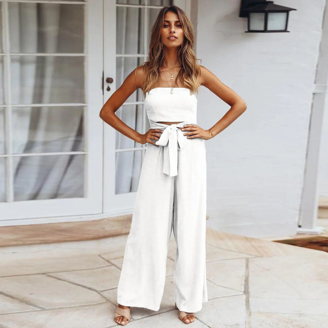 Women's Strapless Jumpsuit - Wide Leg - Tie Waist - Lightweight Flowy Fabric