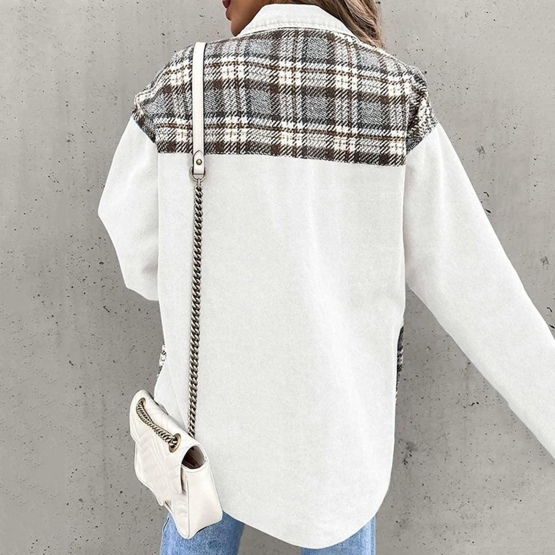 Women’s Casual Jacket – Relaxed Fit – Button Front – Patchwork Plaid Panels