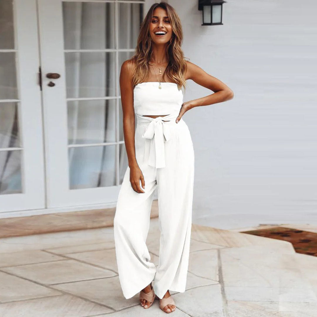 Women's Strapless Jumpsuit - Wide Leg - Tie Waist - Lightweight Flowy Fabric