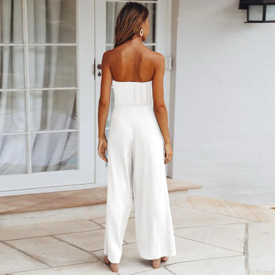 Women's Strapless Jumpsuit - Wide Leg - Tie Waist - Lightweight Flowy Fabric
