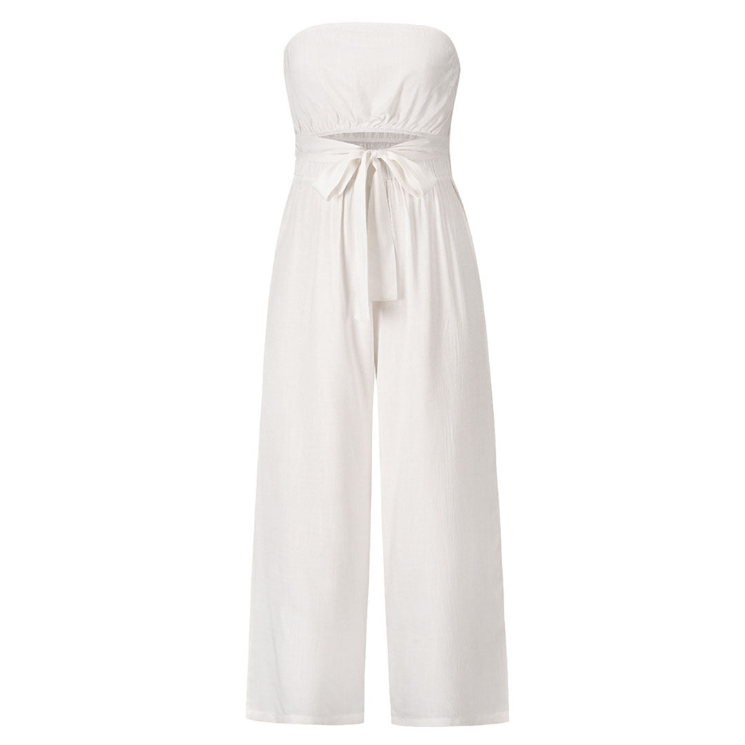 Women's Strapless Jumpsuit - Wide Leg - Tie Waist - Lightweight Flowy Fabric