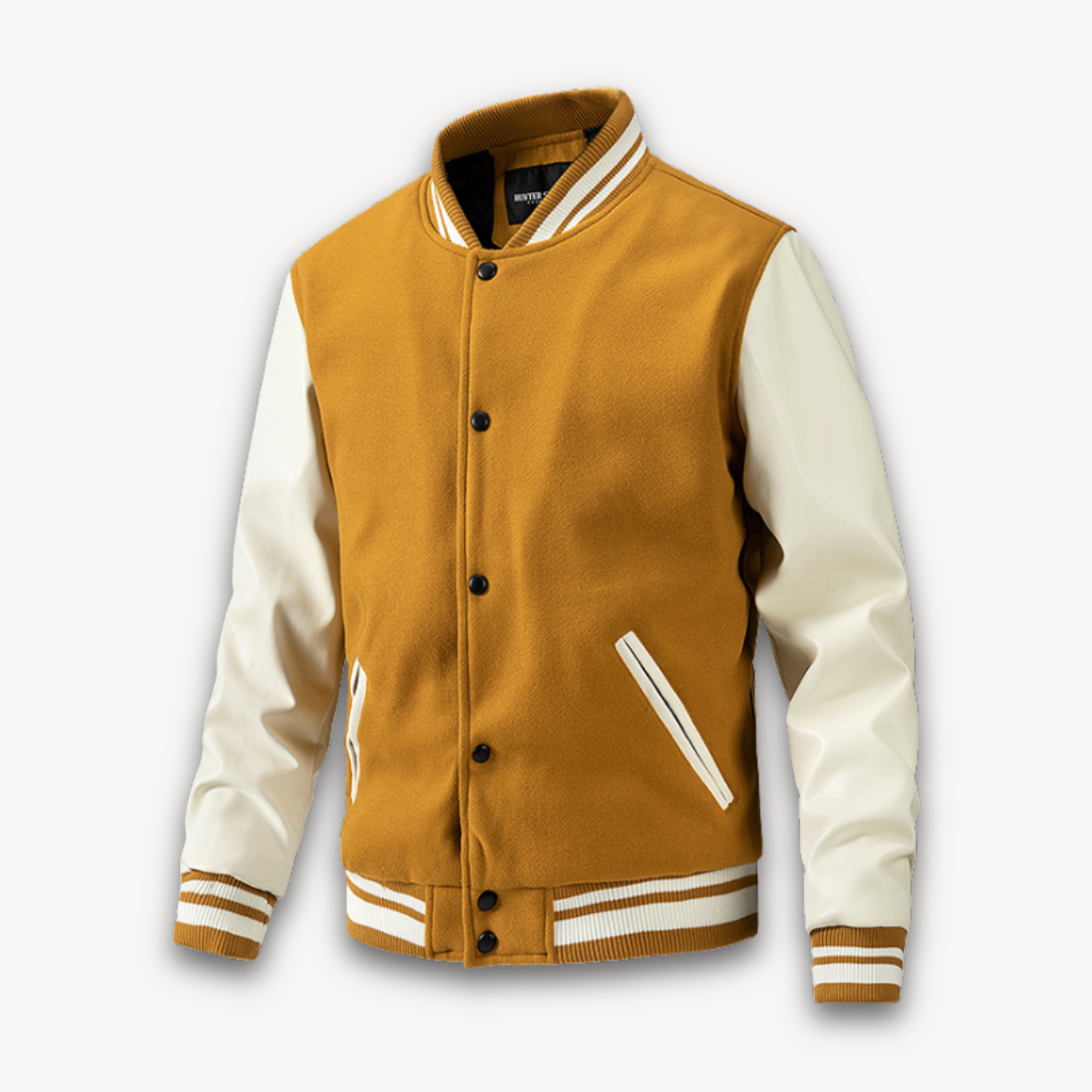 Men’s Varsity Jacket – Wool Blend Body – Faux Leather Sleeves – Classic Fit – Snap Front