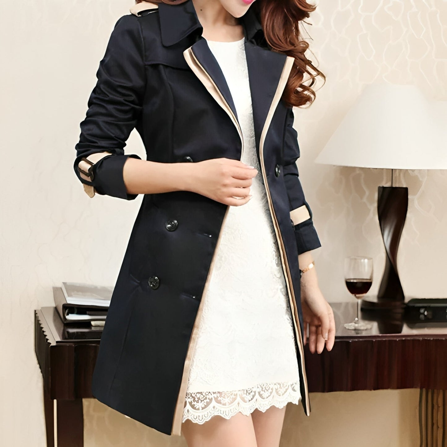 Women’s Trench Coat – Slim Fit – Double-Breasted – Knee Length – Structured Fabric