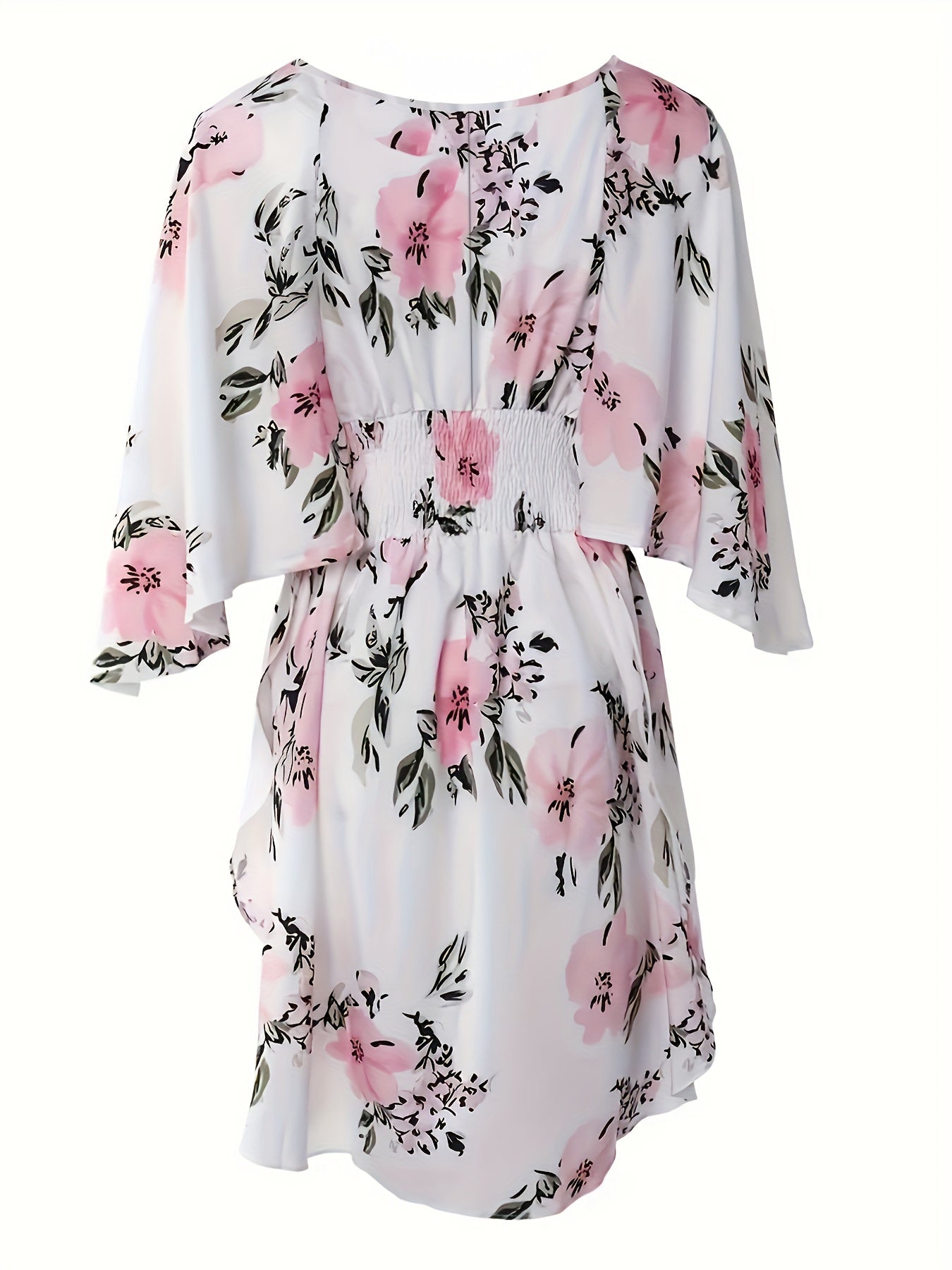 Women's Floral Dress - V-Neck - Bell Sleeves - Smocked Waist - Ruffled Asymmetrical Hem