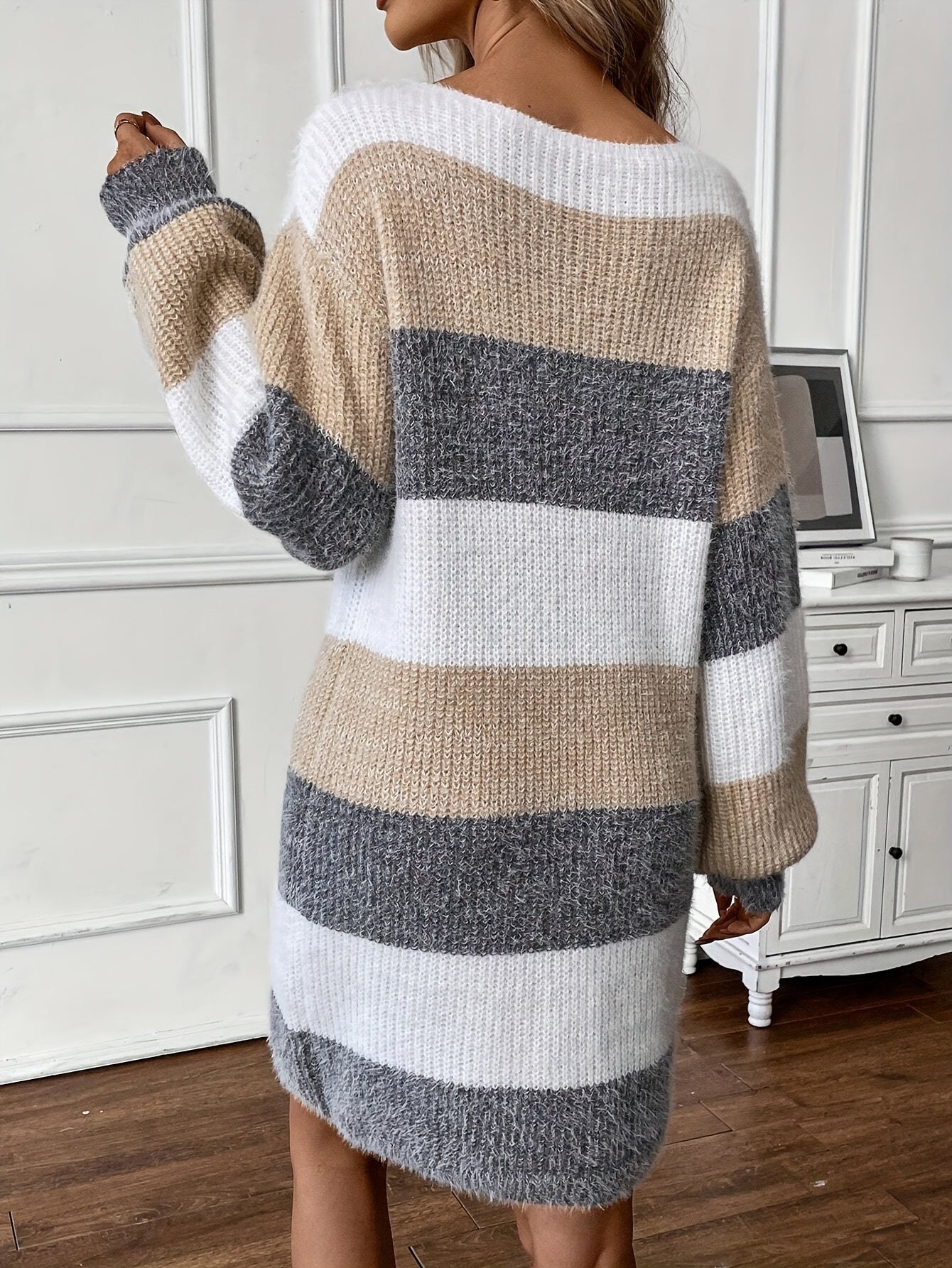 Women's Sweater Dress - Knitted Soft Fabric - Relaxed Fit - Long Sleeve Striped Design