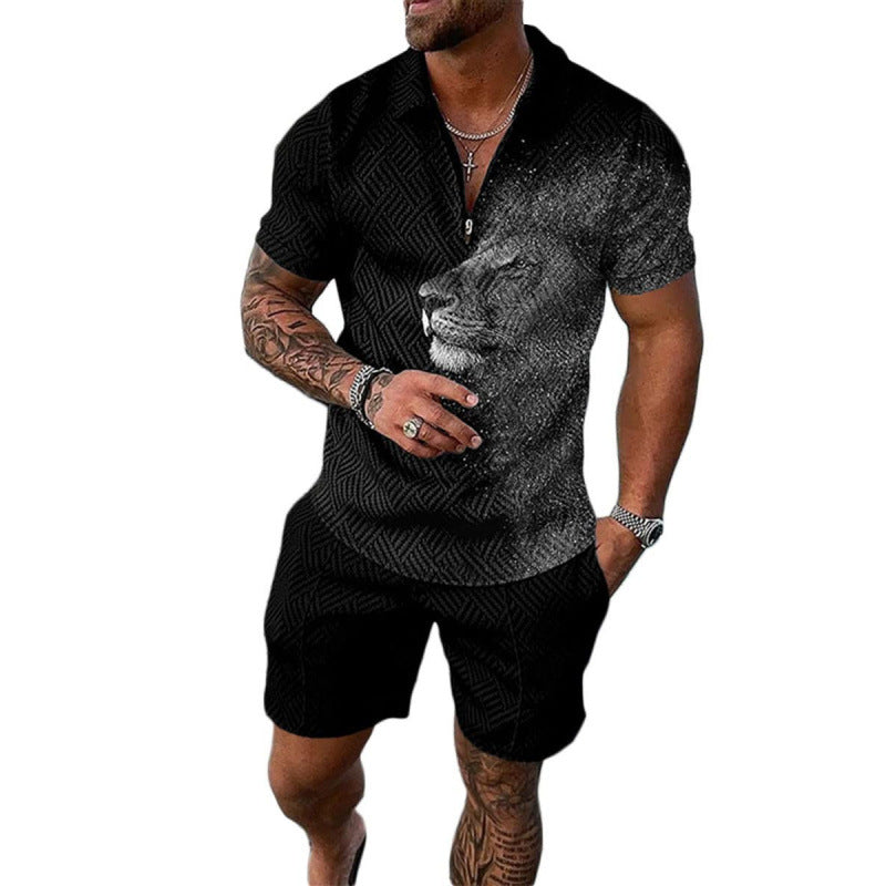 Men’s Two-Piece Set - Textured Short-Sleeve Zip Polo & Matching Shorts - Casual Wear