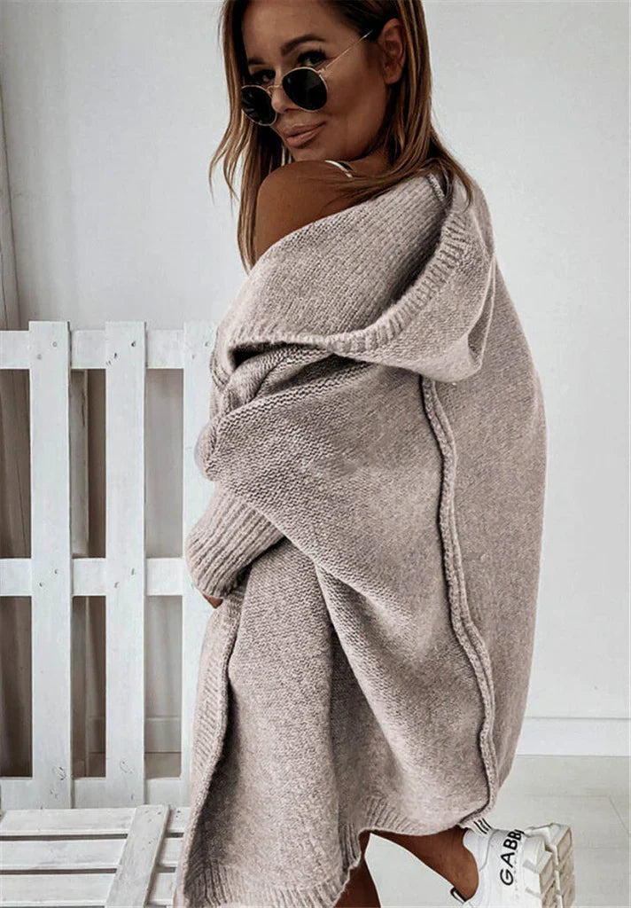 Women’s Cardigan – Oversized Fit – Knitted Wool Blend – Hooded Open Front Layering